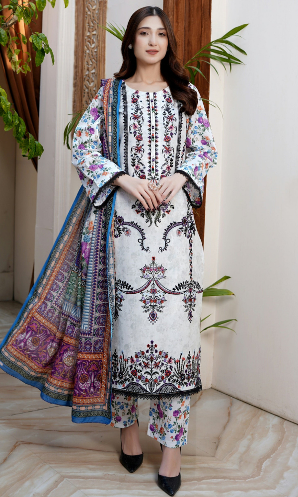 3 Piece Stitched Cotton Lawn Embroided-Suit EJ-123