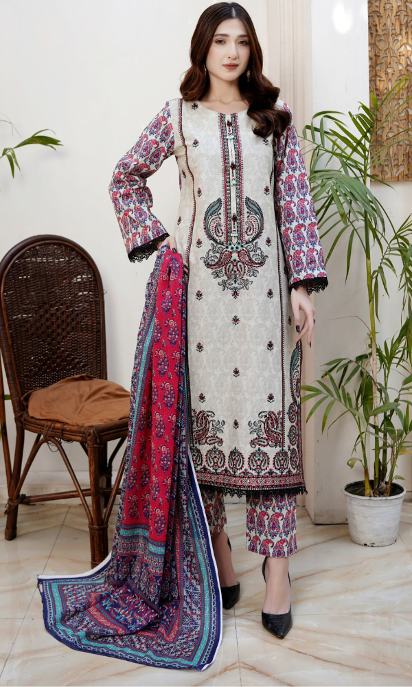 3 Piece Stitched Cotton Lawn Embroided-Suit EJ-128