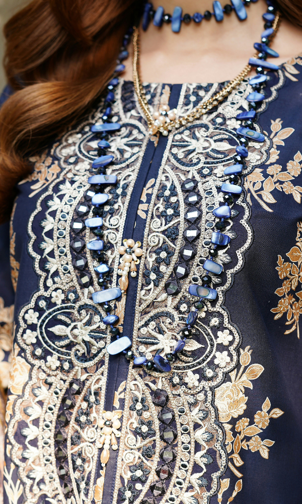 3 Piece Stitched Cotton Lawn Embroided-Suit- with Gold Print EJ-110
