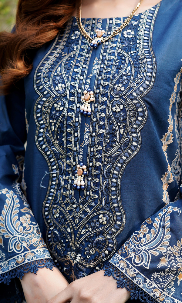 3 Piece Stitched Cotton Lawn Embroided-Suit with Gold Print EJ-109