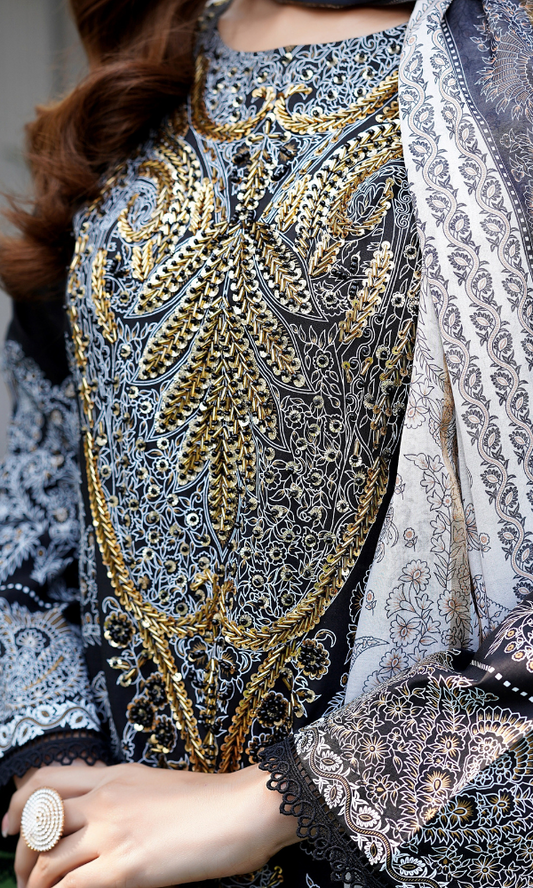 3 Piece Stitched Cotton  Embroided Suit with Gold Print EJ-107