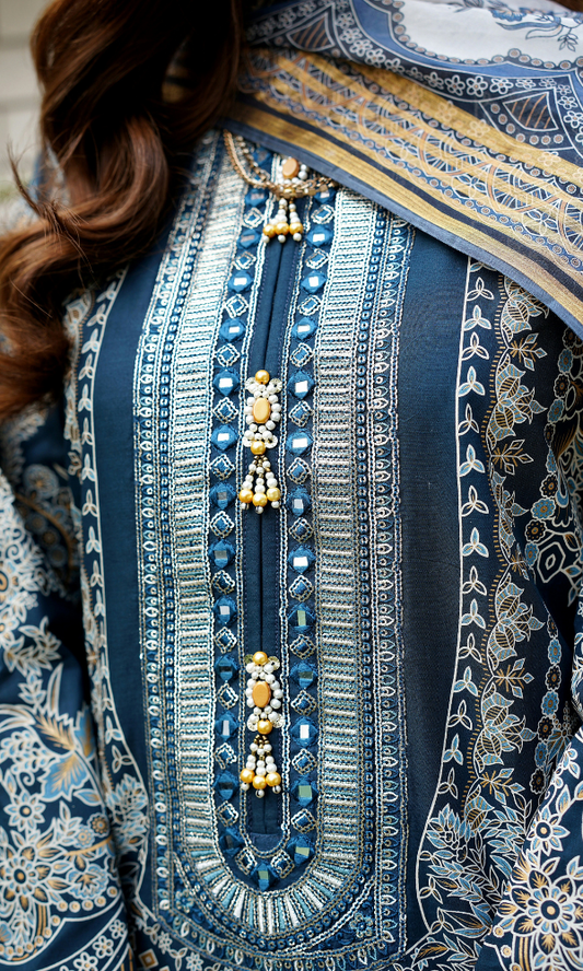 3 Piece Stitched Cotton Embroided Suit with Gold Print EJ-111