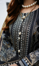 3 Piece Stitched Cotton Lawn Embroided-Suit with Gold Print EJ-112