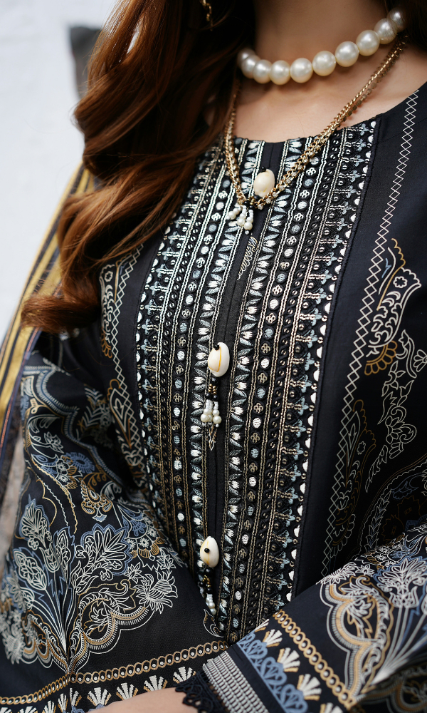 3 Piece Stitched Cotton Lawn Embroided-Suit with Gold Print EJ-112