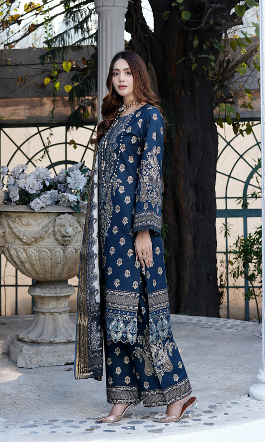 3 Piece Stitched Cotton Embroided Suit with Gold Print EJ-108