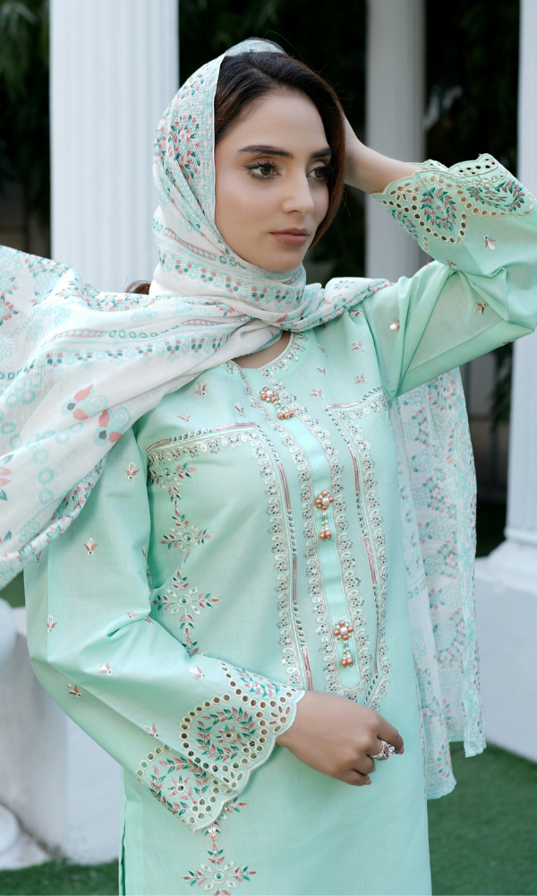 3 Piece Stitched Cotton Lawn Embroided-Suit- EJ-106