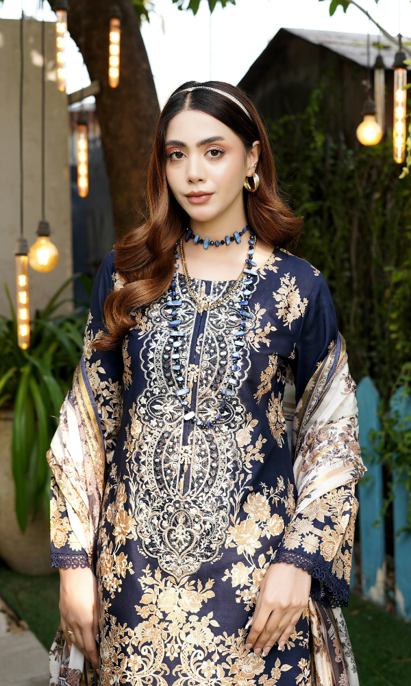 3 Piece Stitched Cotton Lawn Embroided-Suit- with Gold Print EJ-110