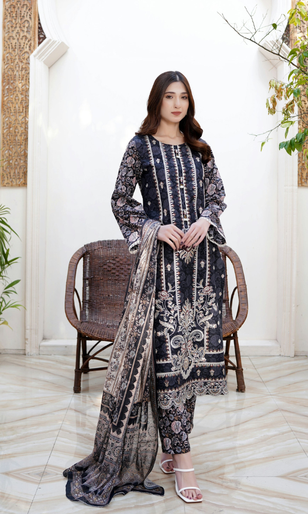 3 Piece Stitched Cotton Lawn Embroided Suit EJ-124