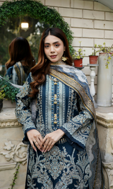 3 Piece Stitched Cotton Lawn Embroided Suit with Gold Print EJ-111