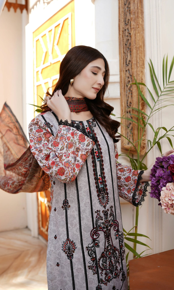 3 Piece Stitched Cotton Lawn Embroided-Suit EJ-126