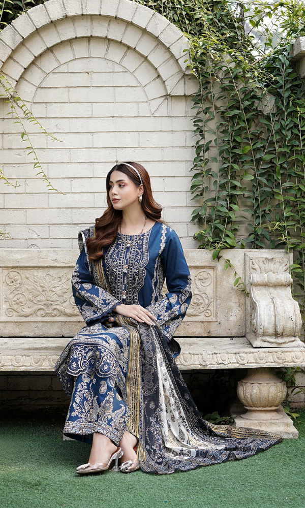 3 Piece Stitched Cotton Lawn Embroided-Suit with Gold Print EJ-109