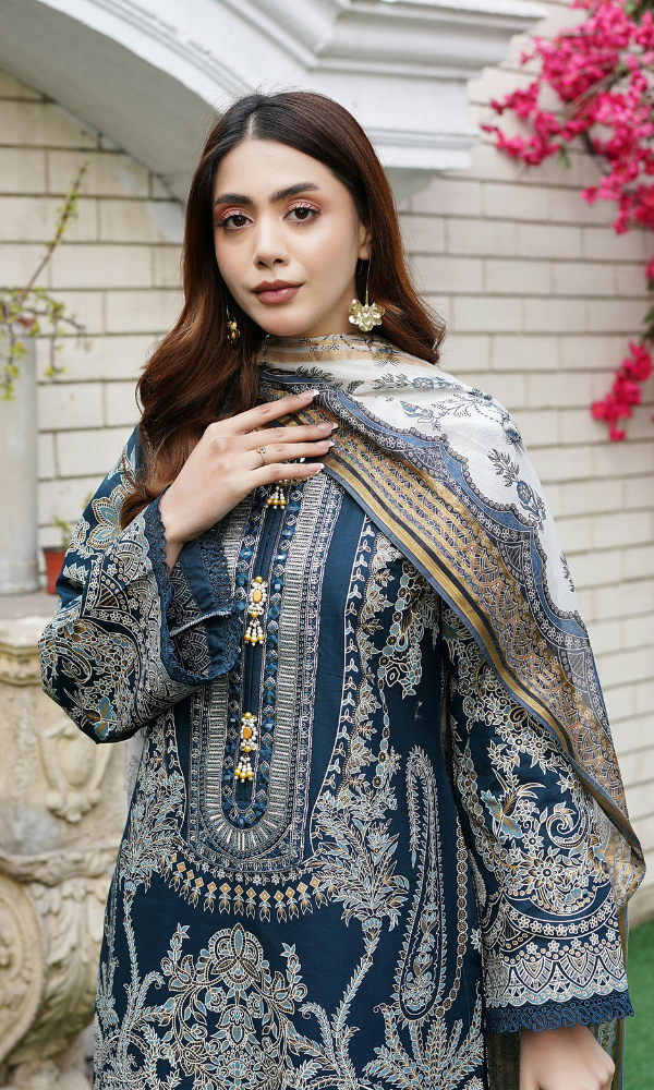 3 Piece Stitched Cotton Lawn Embroided Suit with Gold Print EJ-111