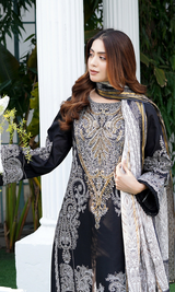 3 Piece Stitched Cotton Lawn Embroided Suit with Gold Print EJ-107