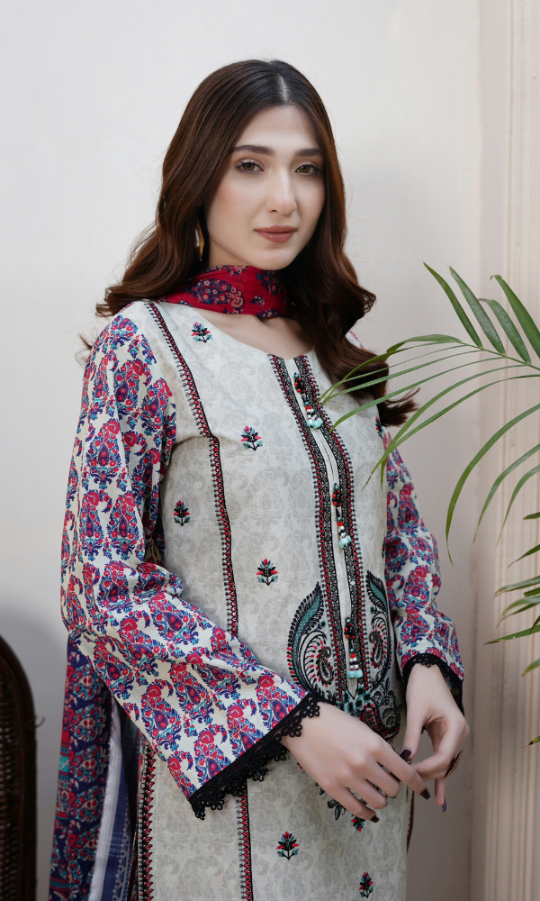 3 Piece Stitched Cotton Lawn Embroided-Suit EJ-128