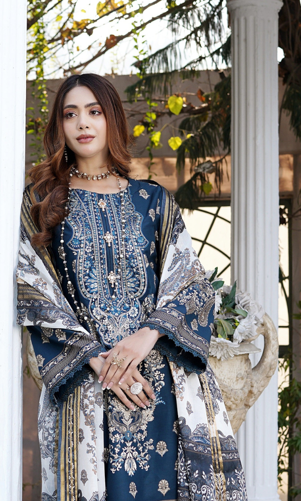 3 Piece Stitched Cotton Lawn Embroided Suit with Gold Print EJ-108
