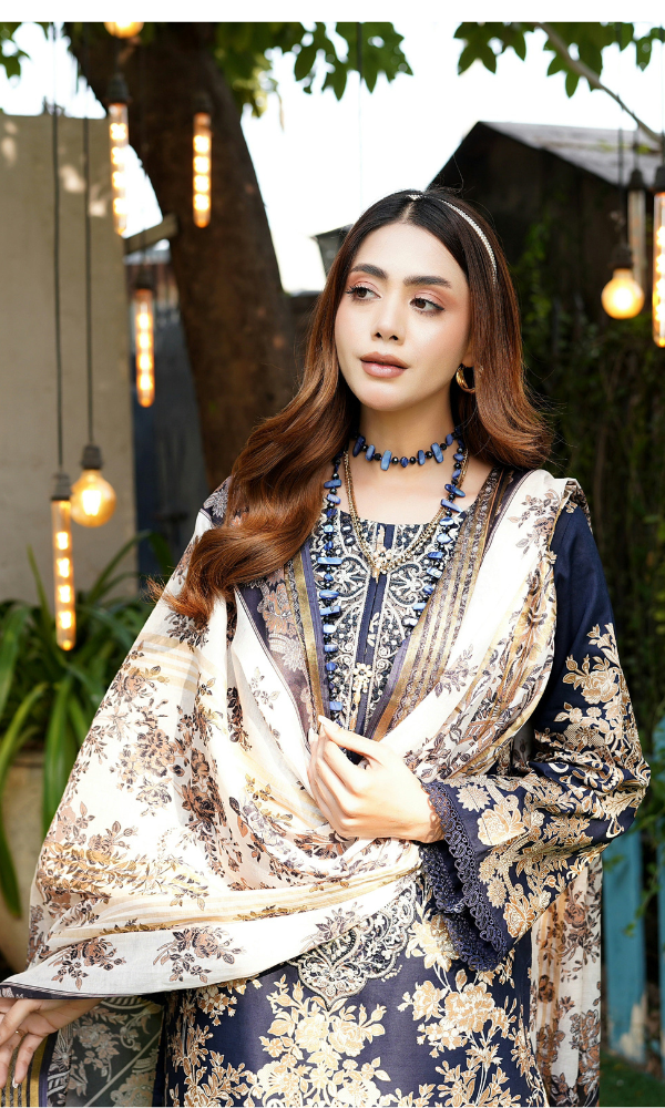 3 Piece Stitched Cotton Lawn Embroided-Suit- with Gold Print EJ-110