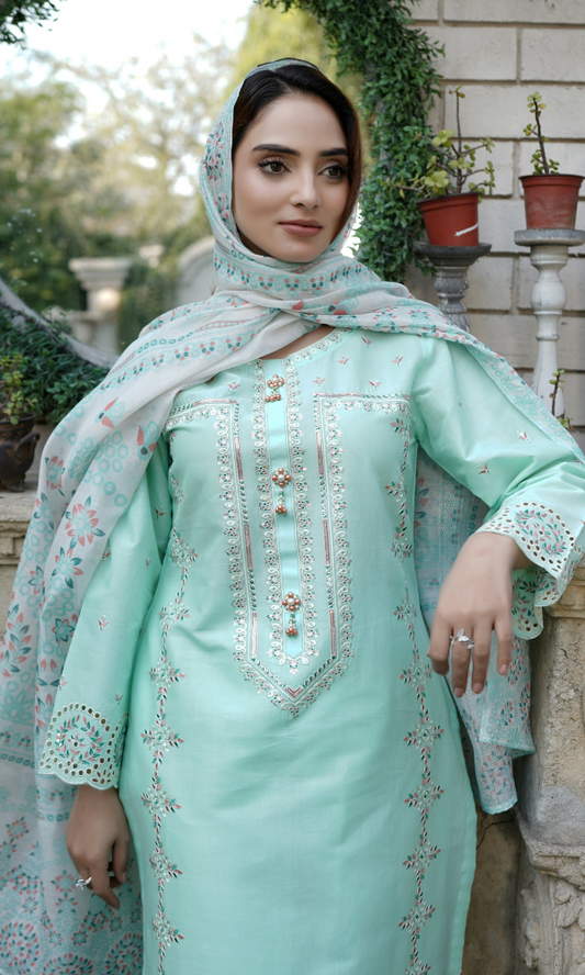 3 Piece Stitched Cotton Lawn Embroided-Suit- EJ-106