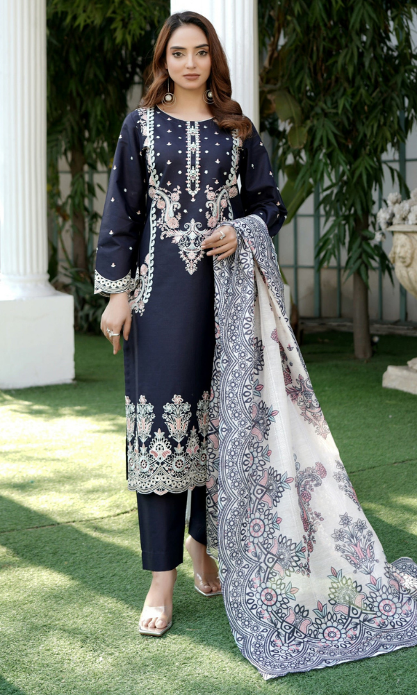 3 Piece Stitched Cotton Lawn Embroided Suit EJ-103