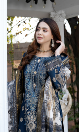 3 Piece Stitched Cotton Lawn Embroided Suit with Gold Print EJ-108