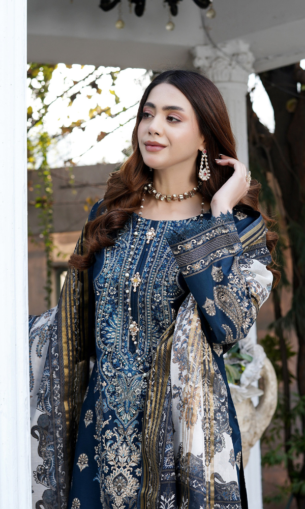 3 Piece Stitched Cotton Lawn Embroided Suit with Gold Print EJ-108