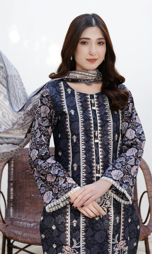 3 Piece Stitched Cotton Lawn Embroided Suit EJ-124