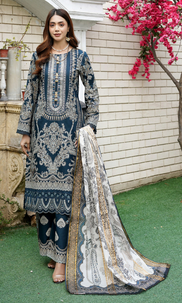 3 Piece Stitched Cotton Embroided Suit with Gold Print EJ-111