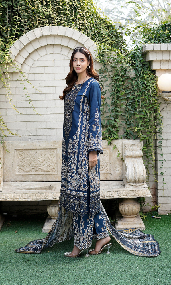 3 Piece Stitched Cotton Lawn Embroided-Suit with Gold Print EJ-109