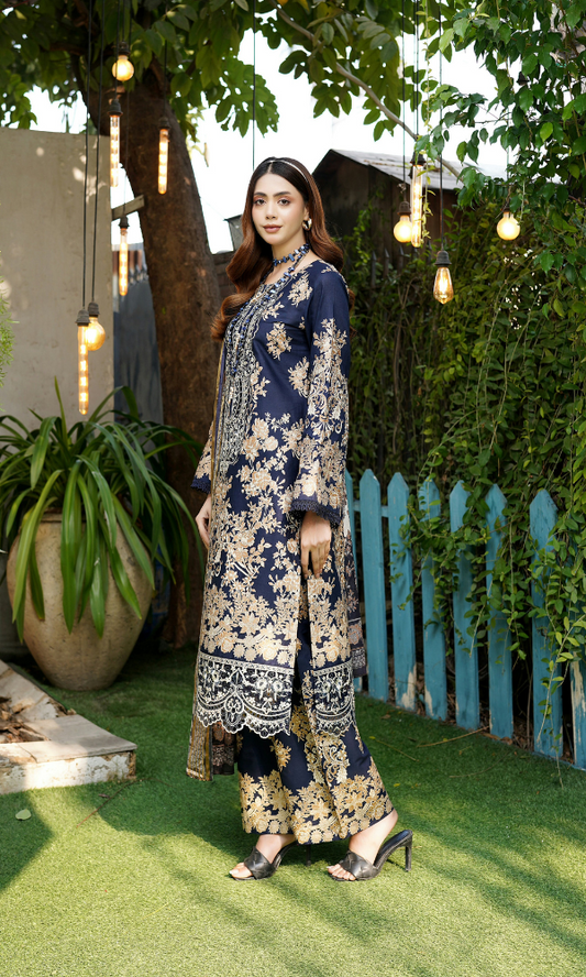 3 Piece Stitched Cotton  Embroided-Suit- with Gold Print EJ-110