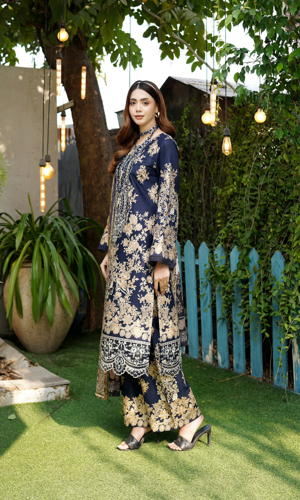 3 Piece Stitched Cotton Lawn Embroided-Suit- with Gold Print EJ-110