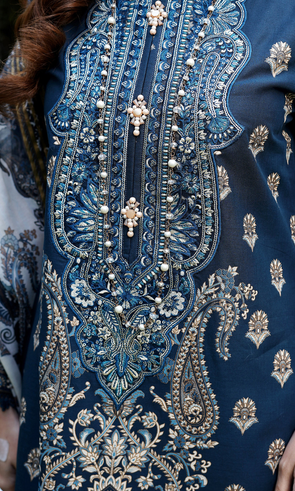 3 Piece Stitched Cotton Lawn Embroided Suit with Gold Print EJ-108