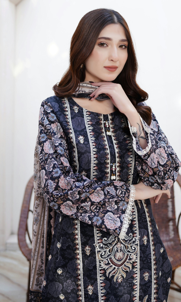 3 Piece Stitched Cotton Lawn Embroided Suit EJ-124