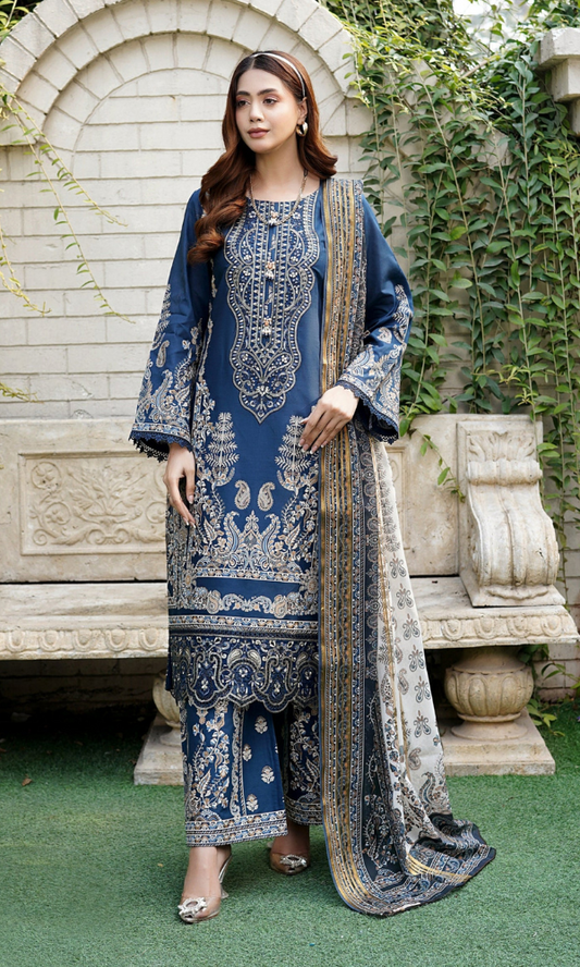 3 Piece Stitched Cotton  Embroided-Suit with Gold Print EJ-109