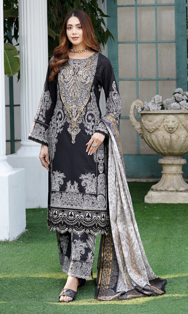 3 Piece Stitched Cotton Lawn Embroided Suit with Gold Print EJ-107