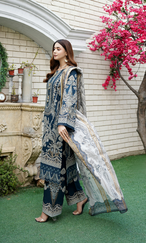 3 Piece Stitched Cotton Lawn Embroided Suit with Gold Print EJ-111