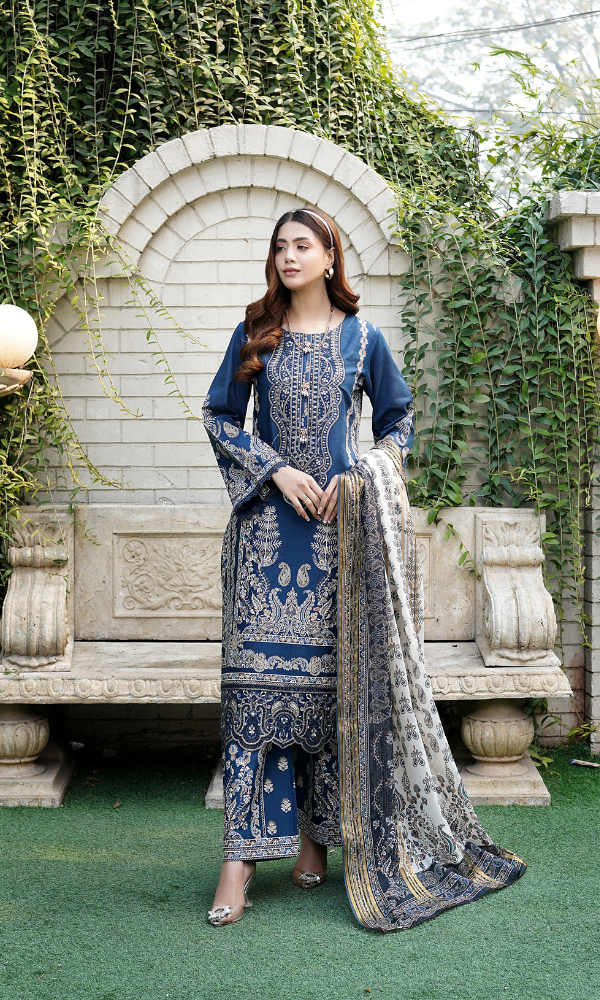 3 Piece Stitched Cotton Lawn Embroided-Suit with Gold Print EJ-109