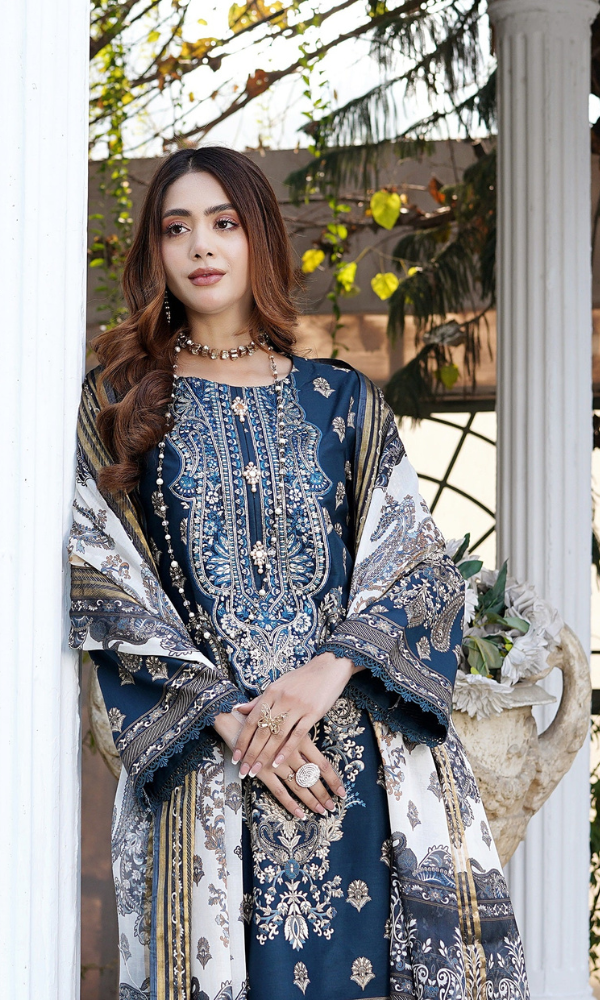 3 Piece Stitched Cotton Lawn Embroided Suit with Gold Print EJ-108