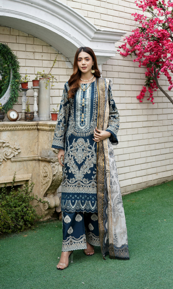 3 Piece Stitched Cotton Lawn Embroided Suit with Gold Print EJ-111