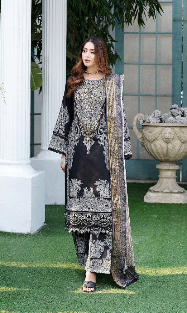3 Piece Stitched Cotton Lawn Embroided Suit with Gold Print EJ-107