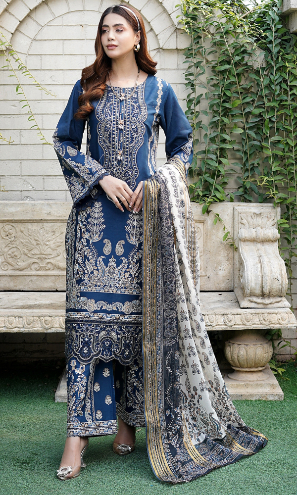 3 Piece Stitched Cotton Lawn Embroided-Suit with Gold Print EJ-109