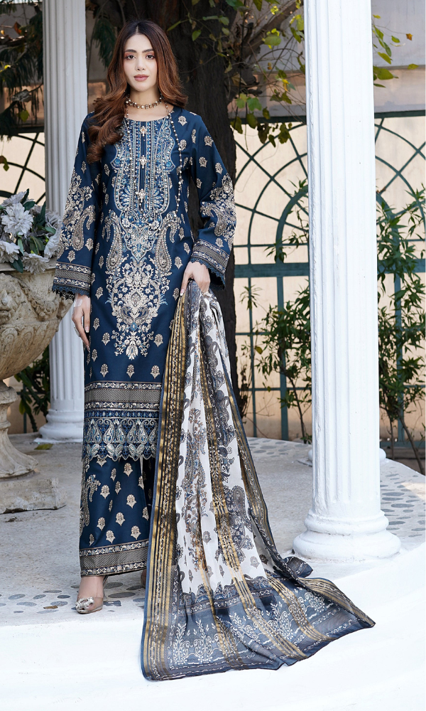 3 Piece Stitched Cotton Embroided Suit with Gold Print EJ-108