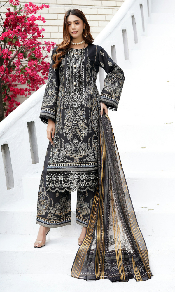 3 Piece Stitched Cotton Lawn Embroided-Suit with Gold Print EJ-112