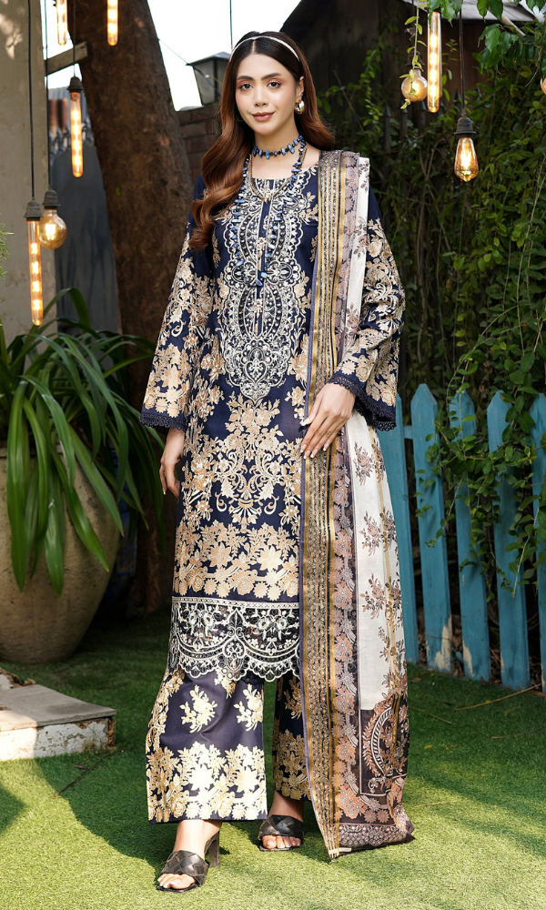 3 Piece Stitched Cotton Lawn Embroided-Suit- with Gold Print EJ-110